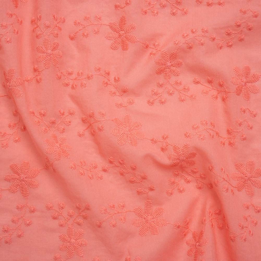Embroidered Eyelet Cotton Voile - Warm Coral Flowers on Branches - Naomi Collection Embroidered Eyelet Cotton Voile - Warm Coral Flowers on Branches - Naomi Collection