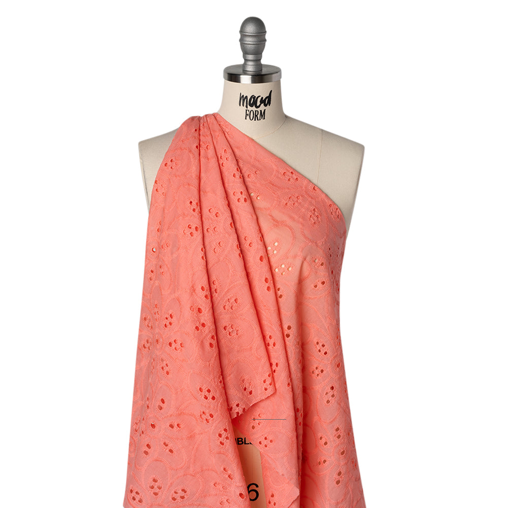 Embroidered Eyelet Cotton Voile - Warm Coral Big Flowers - Naomi Collection Embroidered Eyelet Cotton Voile - Warm Coral Big Flowers - Naomi Collection