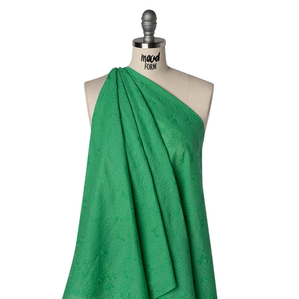 Embroidered Eyelet Cotton Voile - Ming Green Flowers on Branches - Naomi Collection Embroidered Eyelet Cotton Voile - Ming Green Flowers on Branches - Naomi Collection
