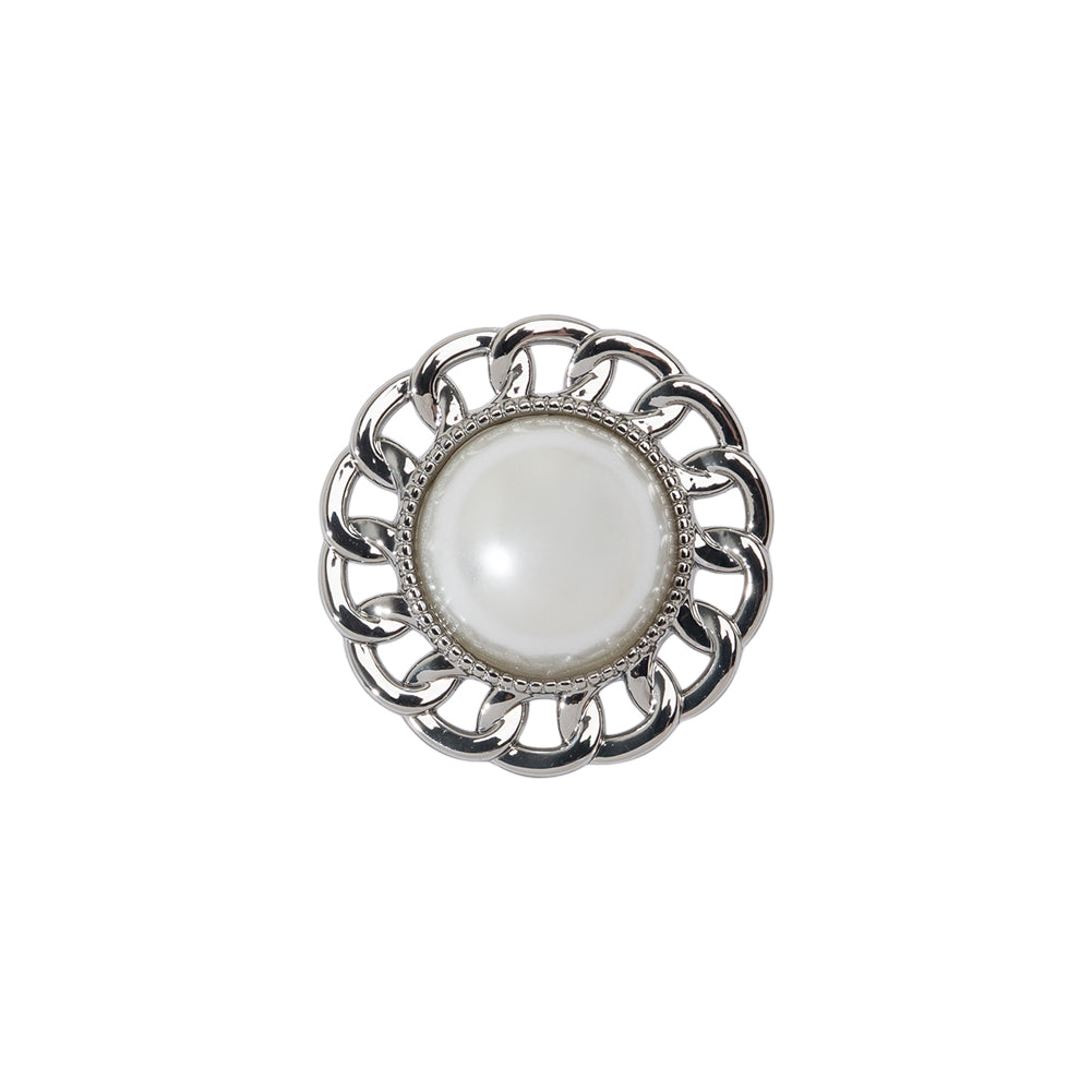 Chain Petal Floral Shank Back Button with Pearl Center - 28L/18mm - Nickel and White Chain Petal Floral Shank Back Button with Pearl Center - 28L/18mm - Nickel and White