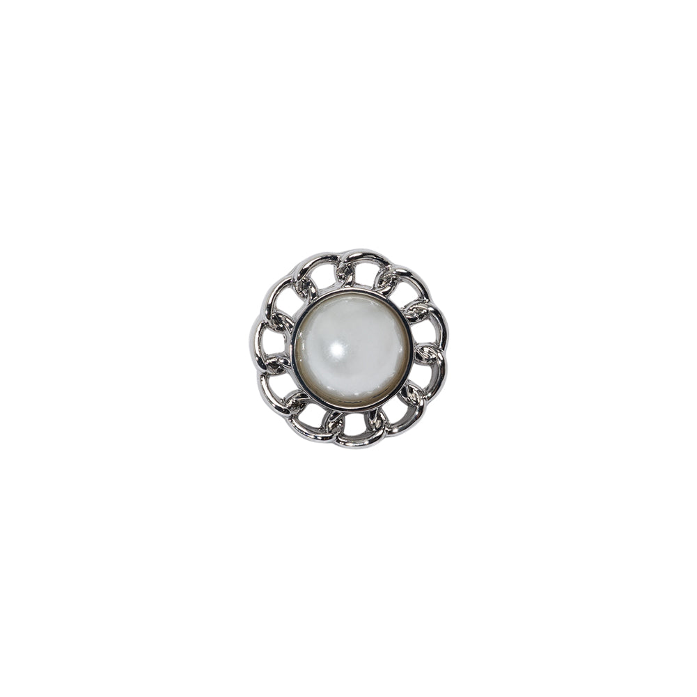 Chain Petal Floral Metal Shank Back Button with Pearl Center - 18L/11.5mm - Silver and White Chain Petal Floral Metal Shank Back Button with Pearl Center - 18L/11.5mm - Silver and White