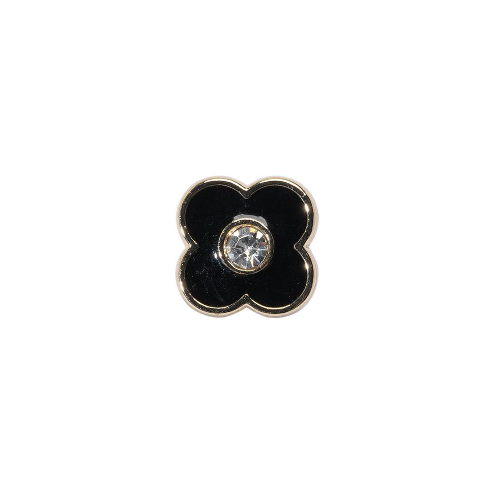 Floral Enameled Metal Shank Back Button with Rhinestone Center - 18L/11.5mm - Gold and Black Floral Enameled Metal Shank Back Button with Rhinestone Center - 18L/11.5mm - Gold and Black
