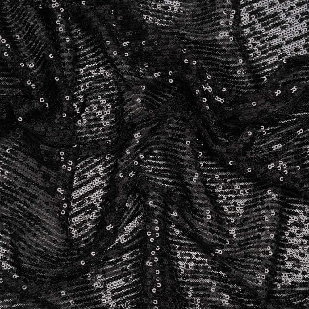 Stretch Polyester Sequins Mesh - Midnight Black Stripes - Designer Deadstock Stretch Polyester Sequins Mesh - Midnight Black Stripes - Designer Deadstock