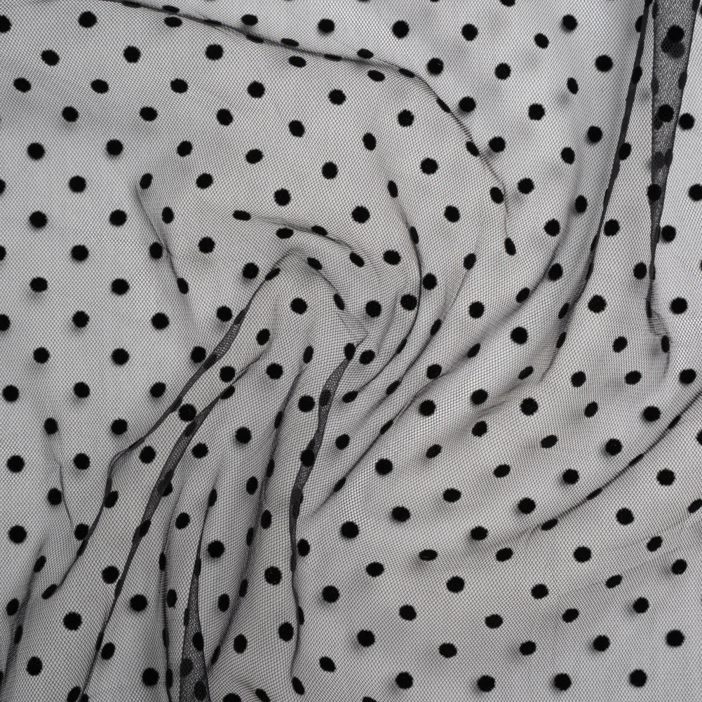 Stretch Nylon Flocked Swiss Dot Tulle - Black Polka Dots - Deadstock Stretch Nylon Flocked Swiss Dot Tulle - Black Polka Dots - Deadstock