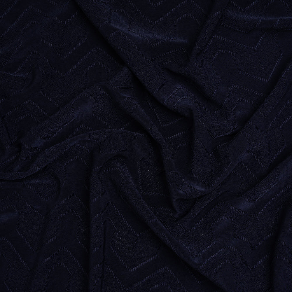 Stretch Polyester Jacquard Knit - Deep Navy Blue Geometric Lines - Designer Deadstock Stretch Polyester Jacquard Knit - Deep Navy Blue Geometric Lines - Designer Deadstock