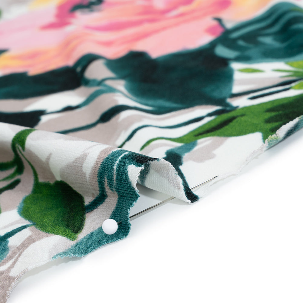 Stretch Polyester Tricot Print - Baby Pink, Sunlight Yellow and Dark Teal Green Watercolor Floral - Designer Deadstock - Detail Stretch Polyester Tricot Print - Baby Pink, Sunlight Yellow and Dark Teal Green Watercolor Floral - Designer Deadstock - Detail