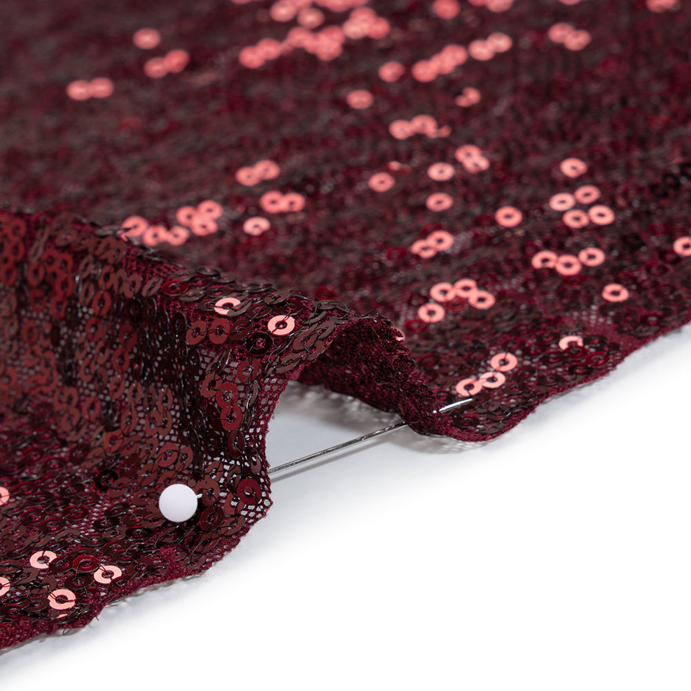 All Over Sequins Stretch Polyester Mesh - Burgundy Wine - Designer Deadstock - Detail All Over Sequins Stretch Polyester Mesh - Burgundy Wine - Designer Deadstock - Detail