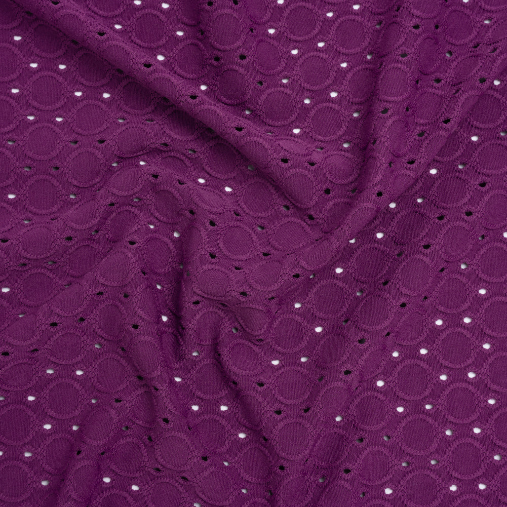Stretch Polyester Embroidered Eyelet Jersey - Orchid Purple Circles and Dots - Designer Deadstock Stretch Polyester Embroidered Eyelet Jersey - Orchid Purple Circles and Dots - Designer Deadstock