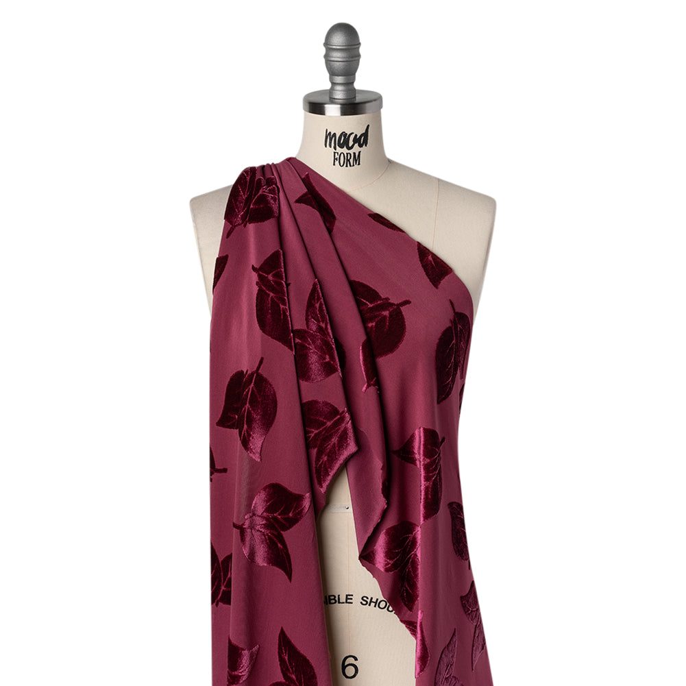 Stretch Polyester Burnout Velour - Berry Red Leaves - Designer Deadstock - Drape Stretch Polyester Burnout Velour - Berry Red Leaves - Designer Deadstock - Drape