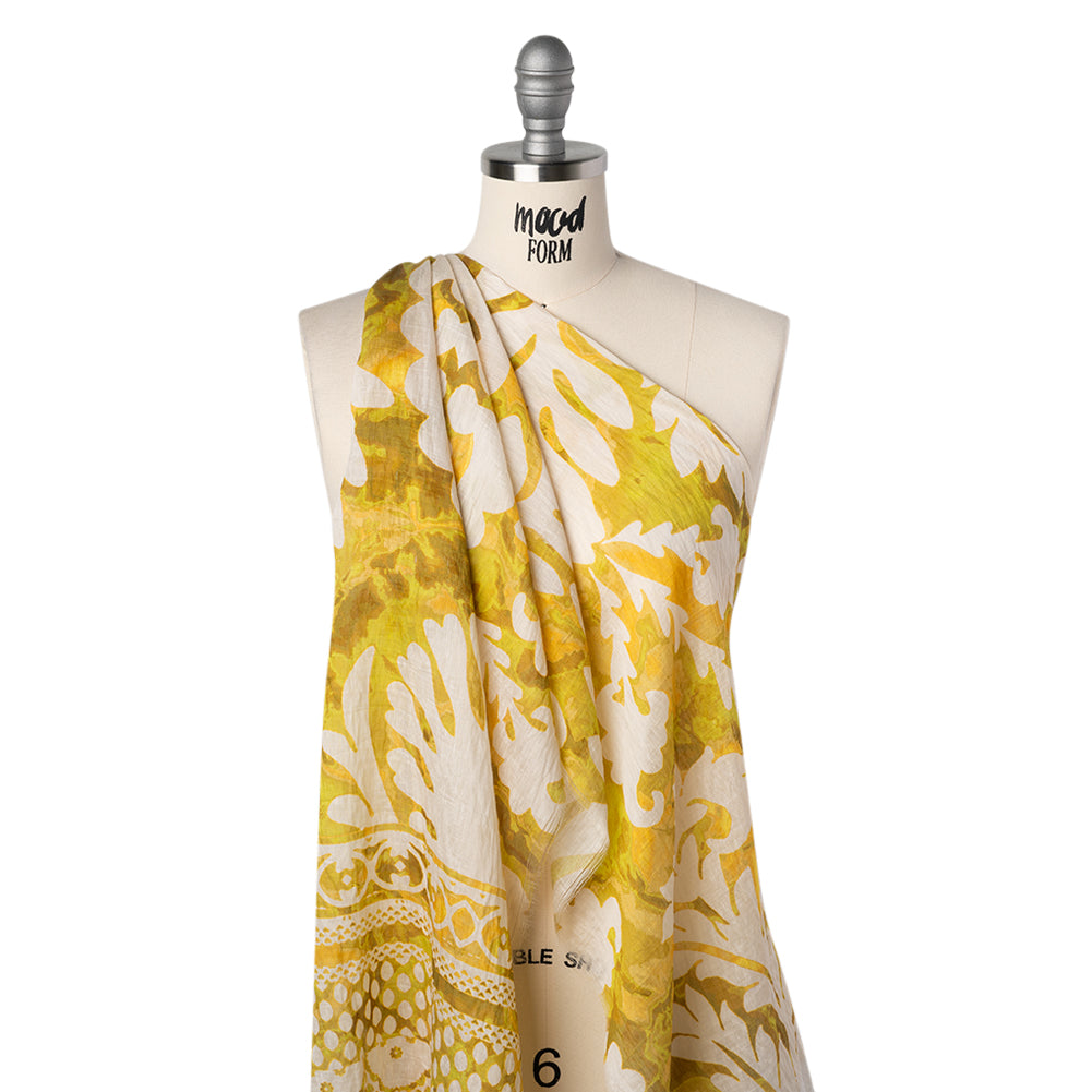 Tencel and Nylon Woven Print - Sunny Yellow, Light Green and Cream Antique Foliage - Designer Deadstock - Drape Tencel and Nylon Woven Print - Sunny Yellow, Light Green and Cream Antique Foliage - Designer Deadstock - Drape