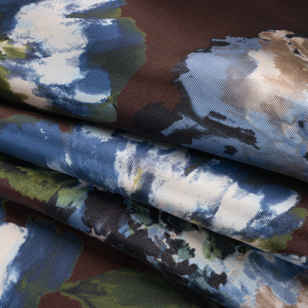 Polyester Mikado Print - Mocha Brown, Blue and Jade Green Floral - Designer Deadstock - Folded Polyester Mikado Print - Mocha Brown, Blue and Jade Green Floral - Designer Deadstock - Folded