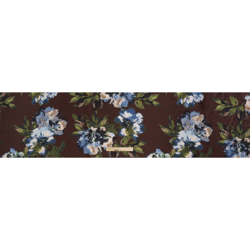 Polyester Mikado Print - Mocha Brown, Blue and Jade Green Floral - Designer Deadstock - Full Polyester Mikado Print - Mocha Brown, Blue and Jade Green Floral - Designer Deadstock - Full