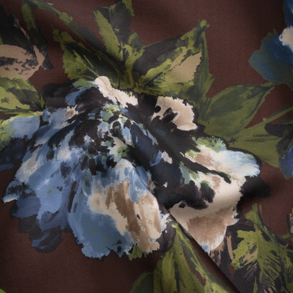 Polyester Mikado Print - Mocha Brown, Blue and Jade Green Floral - Designer Deadstock Polyester Mikado Print - Mocha Brown, Blue and Jade Green Floral - Designer Deadstock