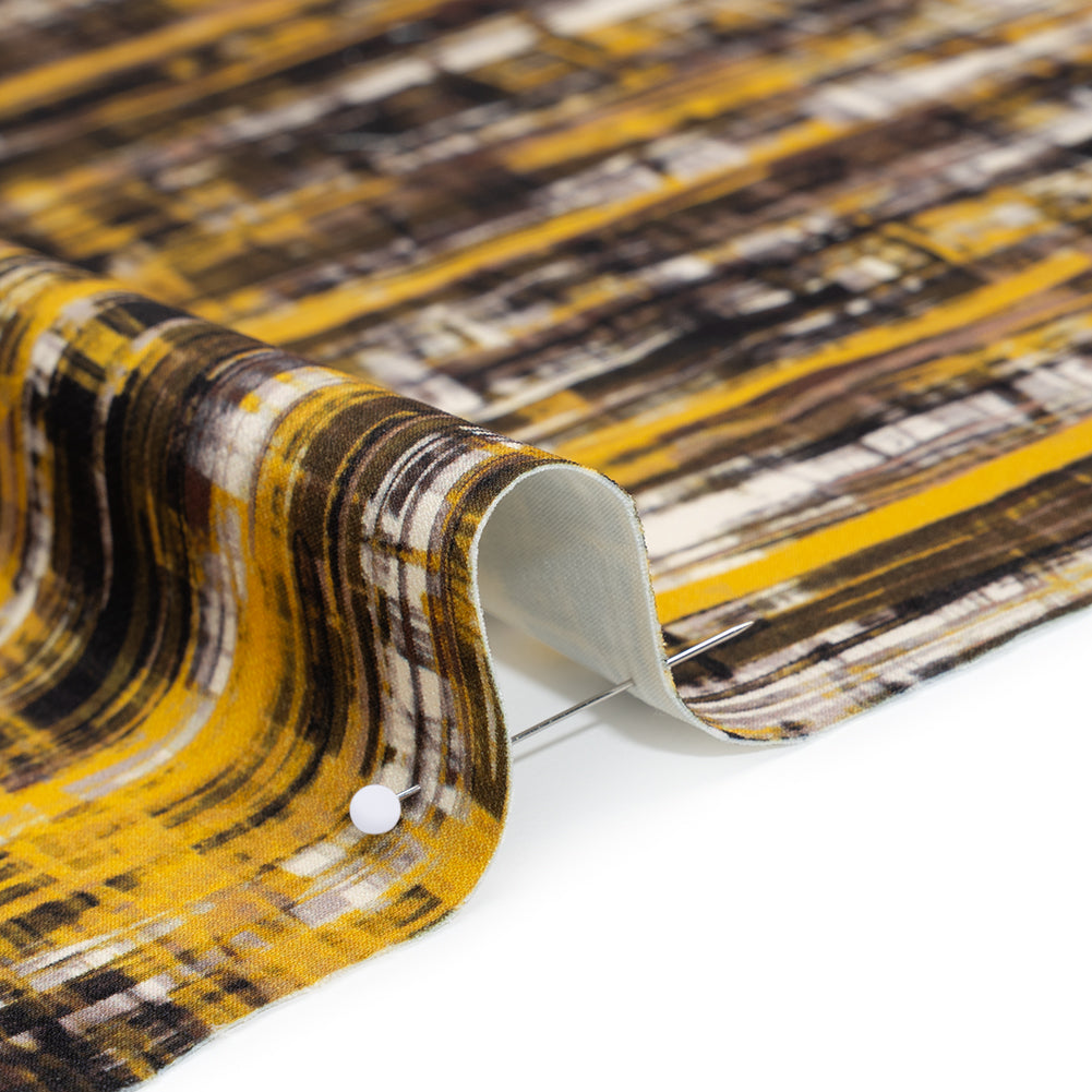Stretch Polyester Woven Print - Sunset Yellow, Tan Brown, Cream Scribble - Designer Deadstock - Detail Stretch Polyester Woven Print - Sunset Yellow, Tan Brown, Cream Scribble - Designer Deadstock - Detail