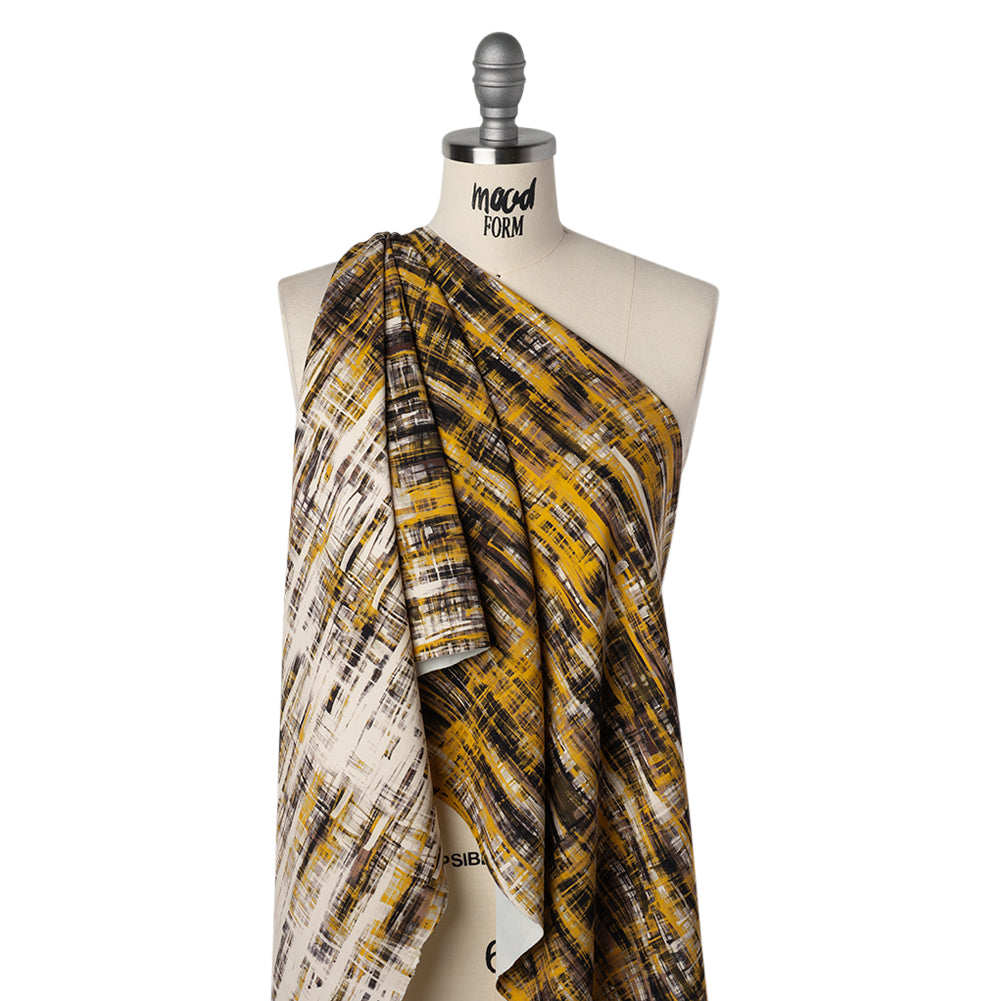 Stretch Polyester Woven Print - Sunset Yellow, Tan Brown, Cream Scribble - Designer Deadstock - Drape Stretch Polyester Woven Print - Sunset Yellow, Tan Brown, Cream Scribble - Designer Deadstock - Drape
