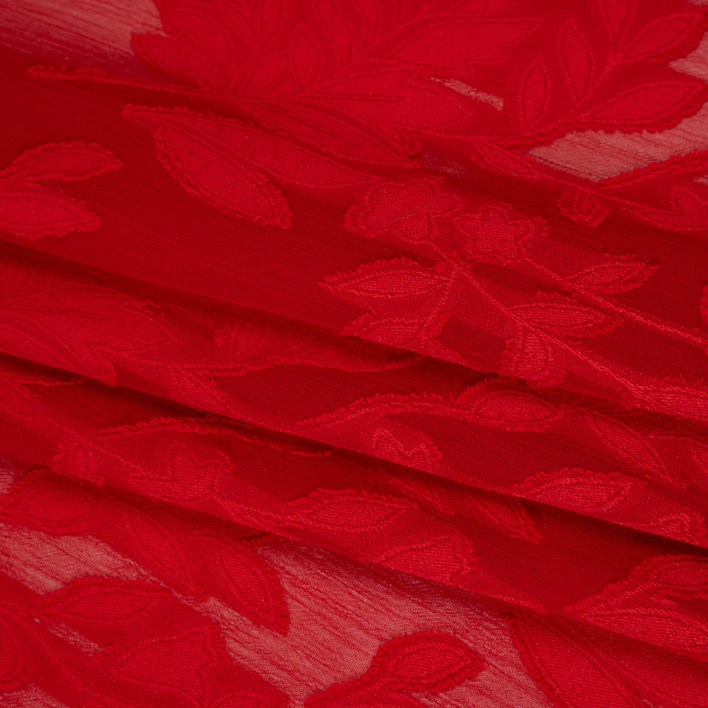 Crinkled Polyester Burnout Jacquard Chiffon - Rio Red Floral - Designer Deadstock - Folded Crinkled Polyester Burnout Jacquard Chiffon - Rio Red Floral - Designer Deadstock - Folded
