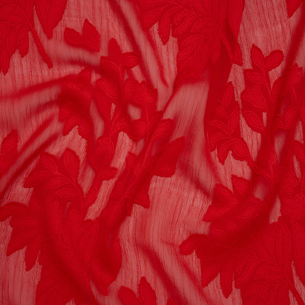 Crinkled Polyester Burnout Jacquard Chiffon - Rio Red Floral - Designer Deadstock Crinkled Polyester Burnout Jacquard Chiffon - Rio Red Floral - Designer Deadstock