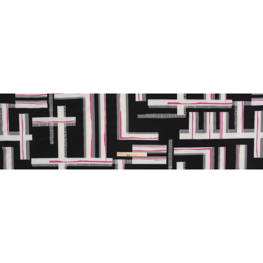 Satin-Faced Polyester Crepe Print - Black, Pink and White Abstract Geometric - Designer Deadstock - Full Satin-Faced Polyester Crepe Print - Black, Pink and White Abstract Geometric - Designer Deadstock - Full