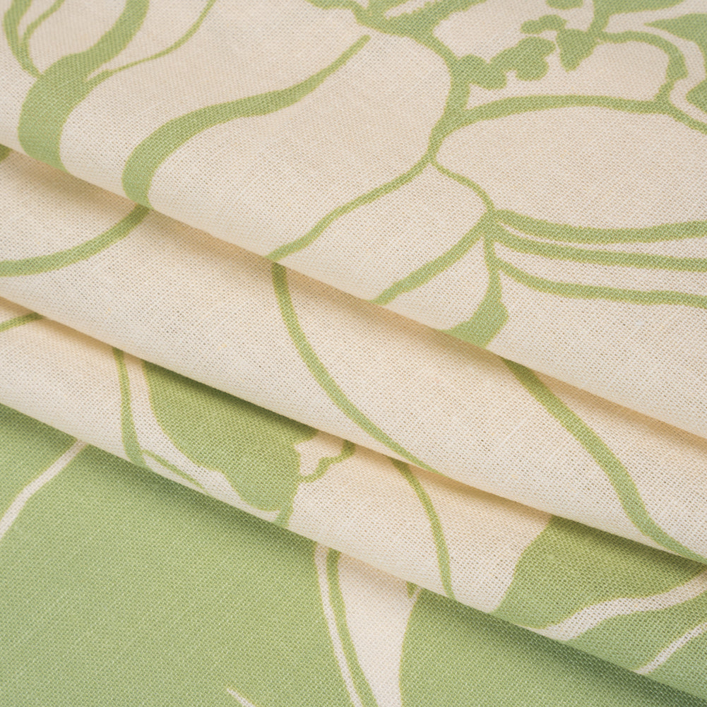 Linen and Rayon Woven Print - Chartreuse Green and Cream Bold Floral - Deadstock - Folded Linen and Rayon Woven Print - Chartreuse Green and Cream Bold Floral - Deadstock - Folded