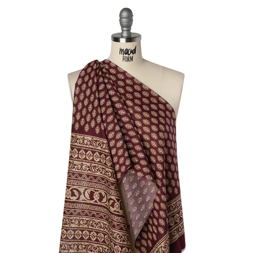 Cotton Voile Print - Wine Red and Tan Brown Floral Motifs - Designer Deadstock - Drape Cotton Voile Print - Wine Red and Tan Brown Floral Motifs - Designer Deadstock - Drape