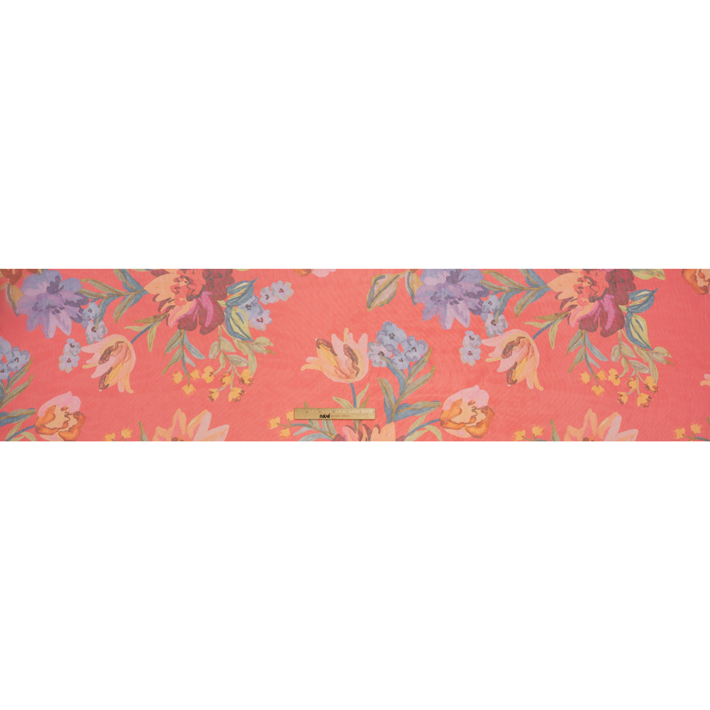 Polyester Chiffon Print with Solid Pinstripes - Ruby Pink, Blue, Soft Golden Orange Watercolor Floral - Designer Deadstock - Full Polyester Chiffon Print with Solid Pinstripes - Ruby Pink, Blue, Soft Golden Orange Watercolor Floral - Designer Deadstock - Full