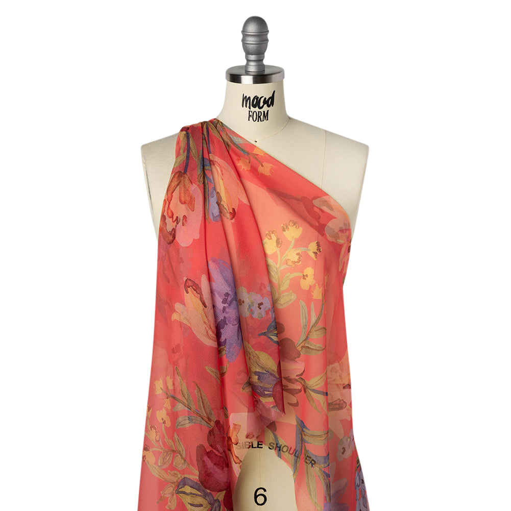 Polyester Chiffon Print with Solid Pinstripes - Ruby Pink, Blue, Soft Golden Orange Watercolor Floral - Designer Deadstock - Drape Polyester Chiffon Print with Solid Pinstripes - Ruby Pink, Blue, Soft Golden Orange Watercolor Floral - Designer Deadstock - Drape