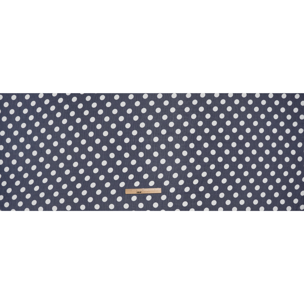 Crinkled Polyester Chiffon Print - Midnight Blue and White Polka Dots - Designer Deadstock - Full Crinkled Polyester Chiffon Print - Midnight Blue and White Polka Dots - Designer Deadstock - Full