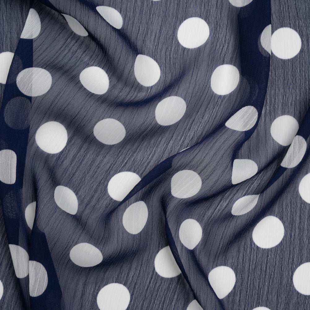 Crinkled Polyester Chiffon Print - Midnight Blue and White Polka Dots - Designer Deadstock Crinkled Polyester Chiffon Print - Midnight Blue and White Polka Dots - Designer Deadstock