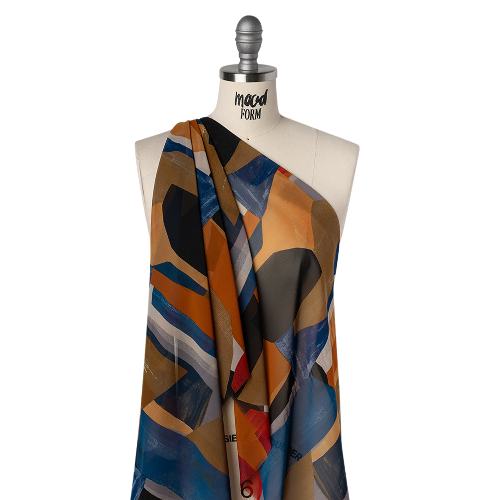 Polyester Chiffon Print - Navy Blue, Copper Brown and Rusty Orange Abstract Shapes - Designer Deadstock - Drape Polyester Chiffon Print - Navy Blue, Copper Brown and Rusty Orange Abstract Shapes - Designer Deadstock - Drape