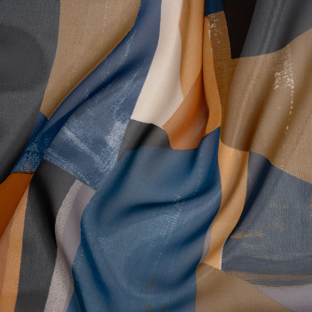 Polyester Chiffon Print - Navy Blue, Copper Brown and Rusty Orange Abstract Shapes - Designer Deadstock Polyester Chiffon Print - Navy Blue, Copper Brown and Rusty Orange Abstract Shapes - Designer Deadstock
