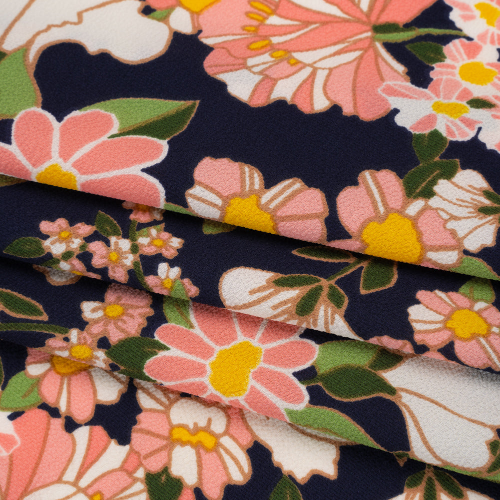 Stretch Polyester Bubble Crepe Print - Cotton Candy Pink, Navy Blue and Moss Green Floral - Designer Deadstock Folded Stretch Polyester Bubble Crepe Print - Cotton Candy Pink, Navy Blue and Moss Green Floral - Designer Deadstock Folded