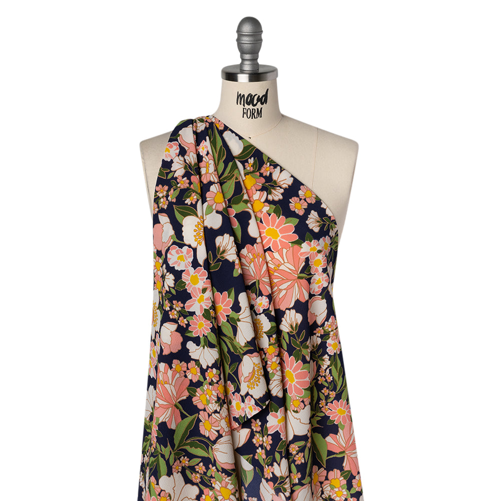 Stretch Polyester Bubble Crepe Print - Cotton Candy Pink, Navy Blue and Moss Green Floral - Designer Deadstock Drape Stretch Polyester Bubble Crepe Print - Cotton Candy Pink, Navy Blue and Moss Green Floral - Designer Deadstock Drape