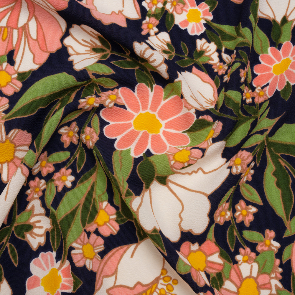 Stretch Polyester Bubble Crepe Print - Cotton Candy Pink, Navy Blue and Moss Green Floral - Designer Deadstock Stretch Polyester Bubble Crepe Print - Cotton Candy Pink, Navy Blue and Moss Green Floral - Designer Deadstock