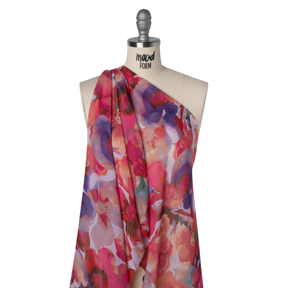 Crinkled Polyester Chiffon Print - Royal Purple, Fuchsia Pink and Apricot Orange Abstract Watercolor Floral - Designer Deadstock - Drape Crinkled Polyester Chiffon Print - Royal Purple, Fuchsia Pink and Apricot Orange Abstract Watercolor Floral - Designer Deadstock - Drape