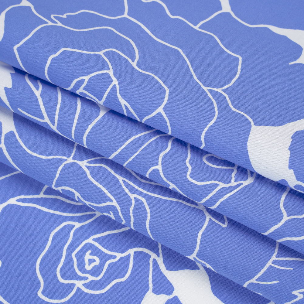 Stretch Cotton Poplin Print - Cornflower Blue and White Rose Floral - Designer Deadstock - Folded Stretch Cotton Poplin Print - Cornflower Blue and White Rose Floral - Designer Deadstock - Folded