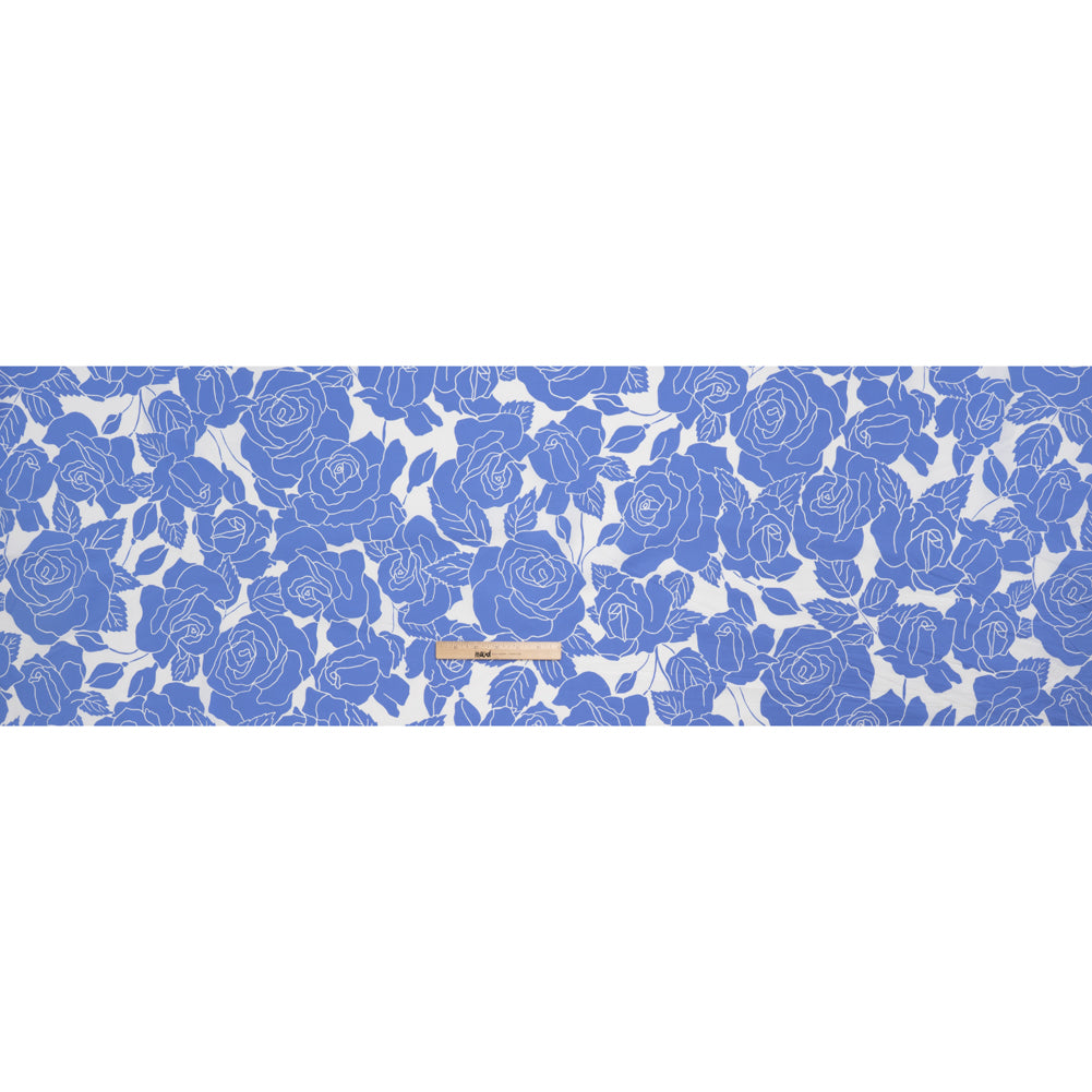 Stretch Cotton Poplin Print - Cornflower Blue and White Rose Floral - Designer Deadstock - Full Stretch Cotton Poplin Print - Cornflower Blue and White Rose Floral - Designer Deadstock - Full
