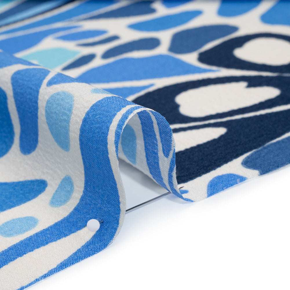 Polyester Crepe Print - Blue and White Abstract Floral Shapes - Designer Deadstock Detail Polyester Crepe Print - Blue and White Abstract Floral Shapes - Designer Deadstock Detail