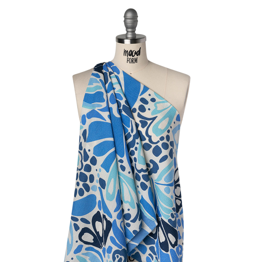 Polyester Crepe Print - Blue and White Abstract Floral Shapes - Designer Deadstock Drape Polyester Crepe Print - Blue and White Abstract Floral Shapes - Designer Deadstock Drape