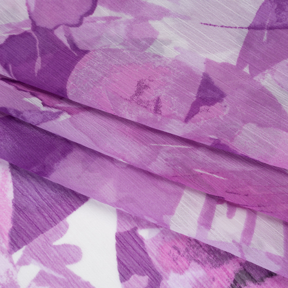 Crinkled Polyester Chiffon Print - Lilac Purple and White Abstract Watercolor Floral - Designer Deadstock Folded Crinkled Polyester Chiffon Print - Lilac Purple and White Abstract Watercolor Floral - Designer Deadstock Folded
