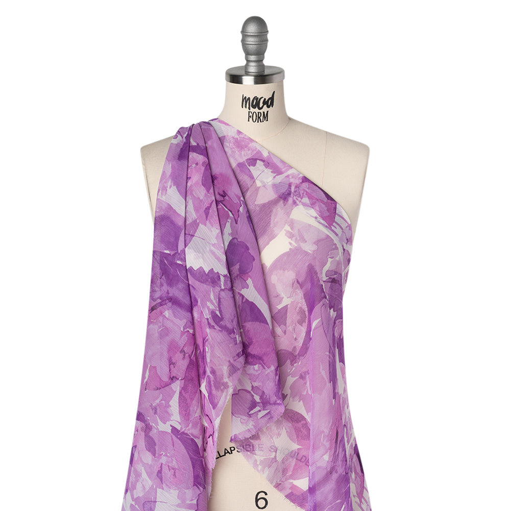 Crinkled Polyester Chiffon Print - Lilac Purple and White Abstract Watercolor Floral - Designer Deadstock Drape Crinkled Polyester Chiffon Print - Lilac Purple and White Abstract Watercolor Floral - Designer Deadstock Drape
