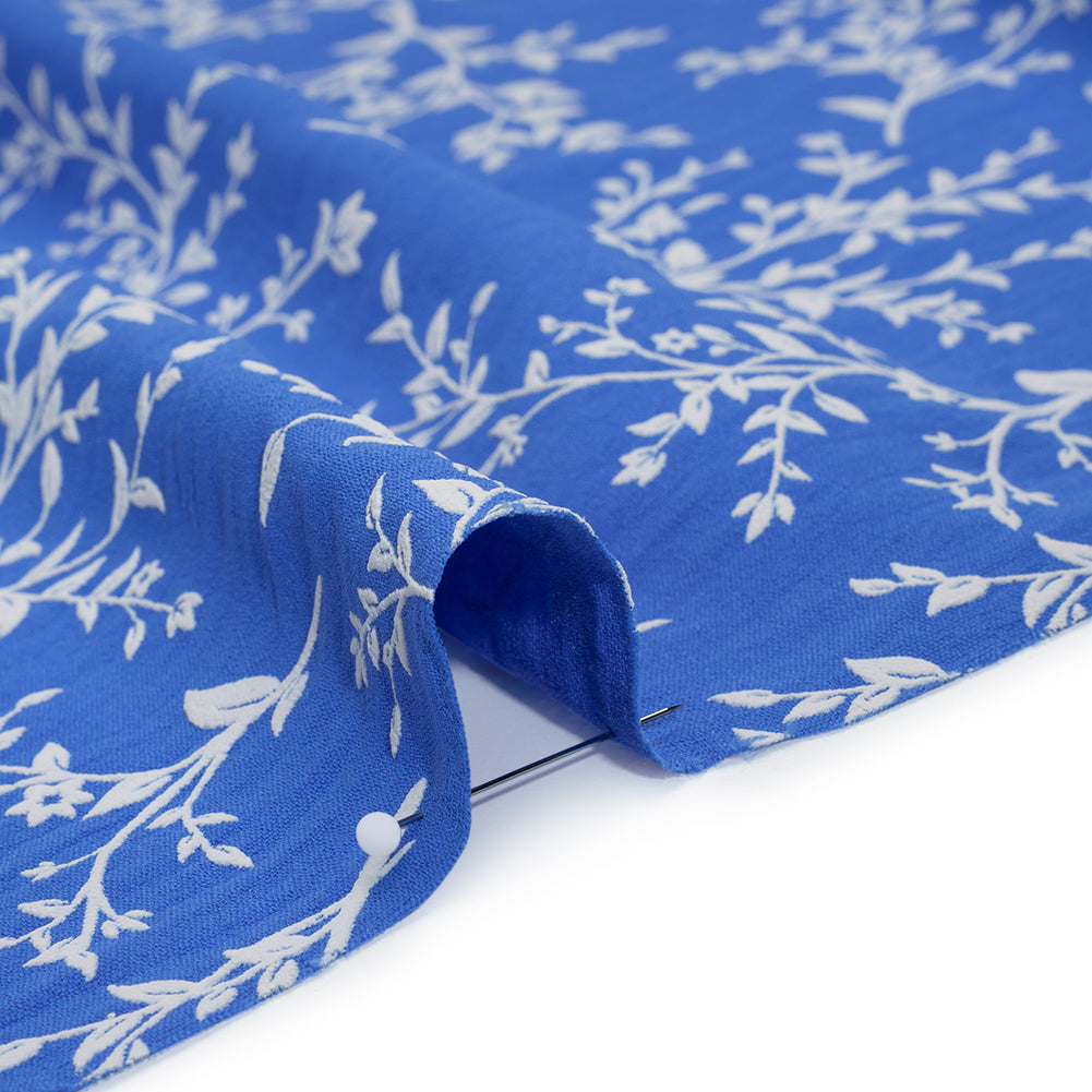 Polyester Woven with Puff Print - Azure Blue and White Foliage - Deadstock - Detail Polyester Woven with Puff Print - Azure Blue and White Foliage - Deadstock - Detail
