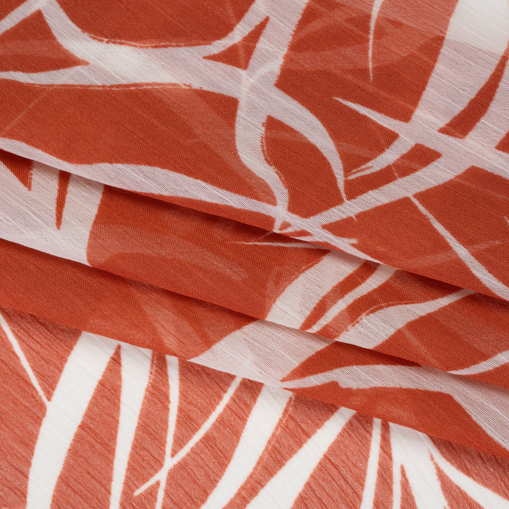 Crinkled Polyester Chiffon Print - Clay Brown and White Abstract Floral - Designer Deadstock - Folded Crinkled Polyester Chiffon Print - Clay Brown and White Abstract Floral - Designer Deadstock - Folded