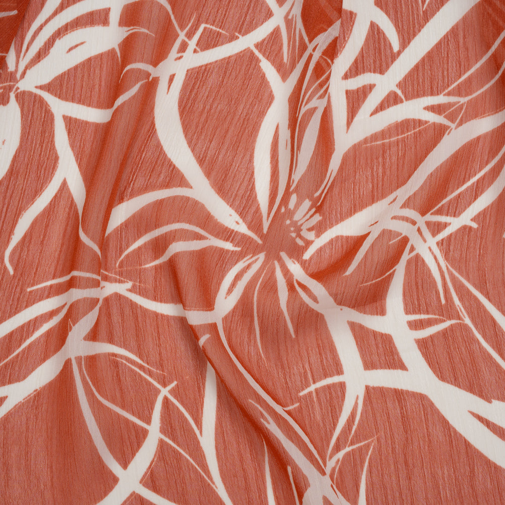 Crinkled Polyester Chiffon Print - Clay Brown and White Abstract Floral - Designer Deadstock Crinkled Polyester Chiffon Print - Clay Brown and White Abstract Floral - Designer Deadstock