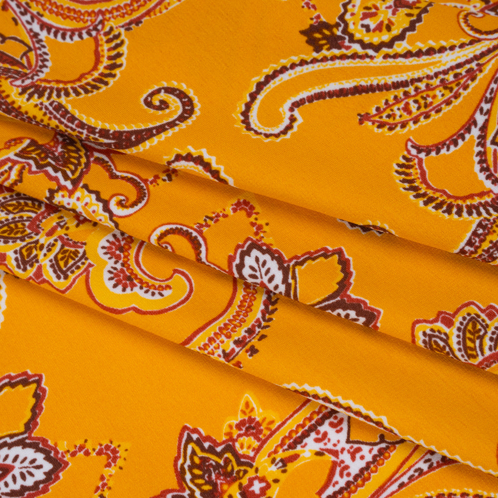 Stretch Polyester Tricot Print - Sunny Orange, Brick Red, Penny Brown Paisley - Designer Deadstock - Folded Stretch Polyester Tricot Print - Sunny Orange, Brick Red, Penny Brown Paisley - Designer Deadstock - Folded