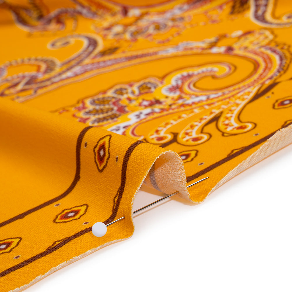 Stretch Polyester Tricot Print - Sunny Orange, Brick Red, Penny Brown Paisley - Designer Deadstock - Detail Stretch Polyester Tricot Print - Sunny Orange, Brick Red, Penny Brown Paisley - Designer Deadstock - Detail