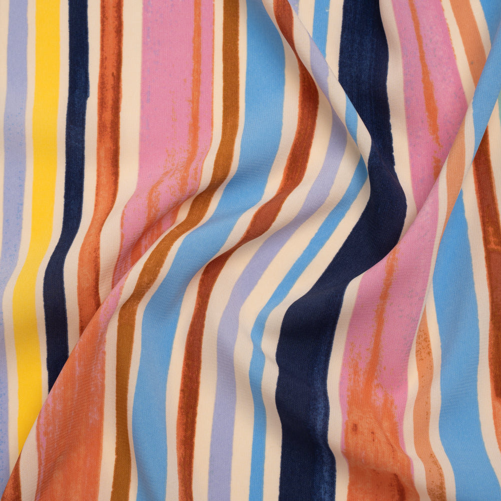 Stretch Drapey Polyester Woven Print - Sky Blue, Rusty Orange and Pink Painterly Barcode Stripes - Designer Deadstock Stretch Drapey Polyester Woven Print - Sky Blue, Rusty Orange and Pink Painterly Barcode Stripes - Designer Deadstock