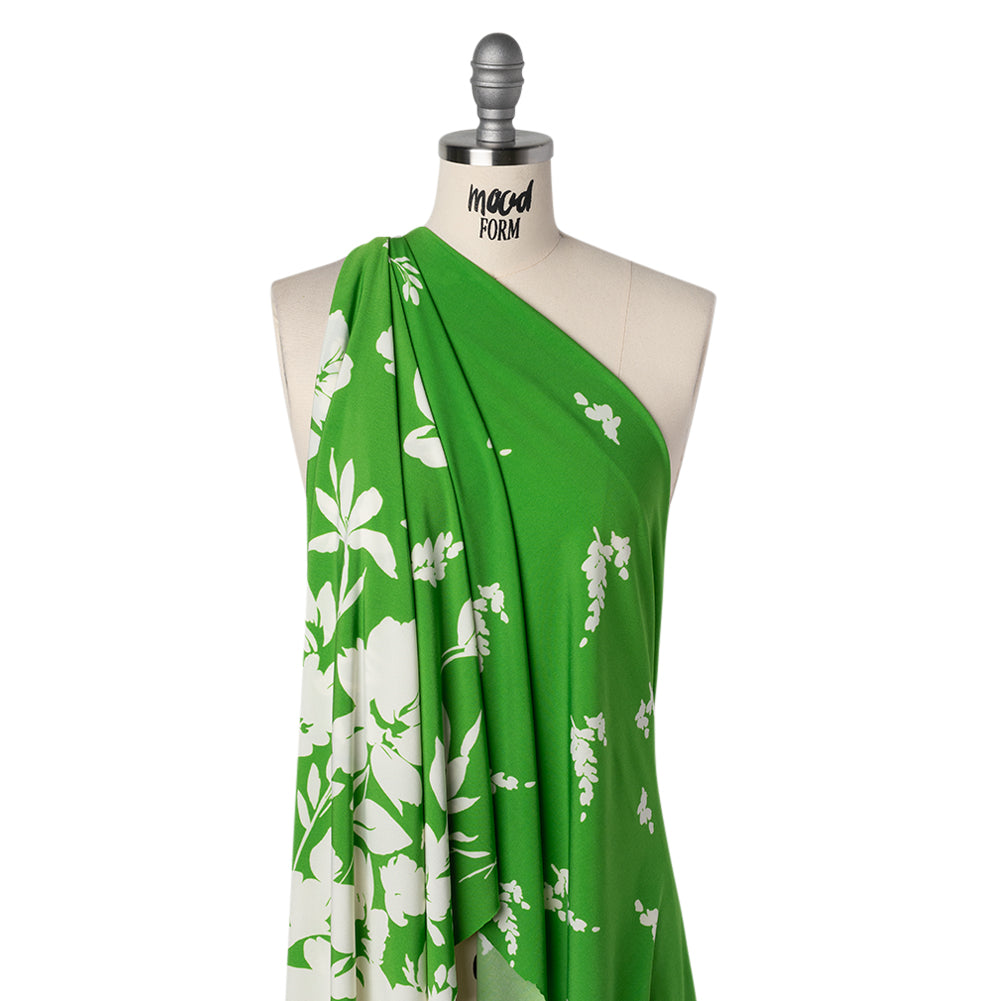 Stretch Polyester Tricot Print - Bright Kelly Green and Off White Floral - Designer Deadstock - Drape Stretch Polyester Tricot Print - Bright Kelly Green and Off White Floral - Designer Deadstock - Drape