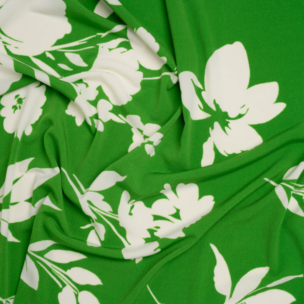 Stretch Polyester Tricot Print - Bright Kelly Green and Off White Floral - Designer Deadstock Stretch Polyester Tricot Print - Bright Kelly Green and Off White Floral - Designer Deadstock