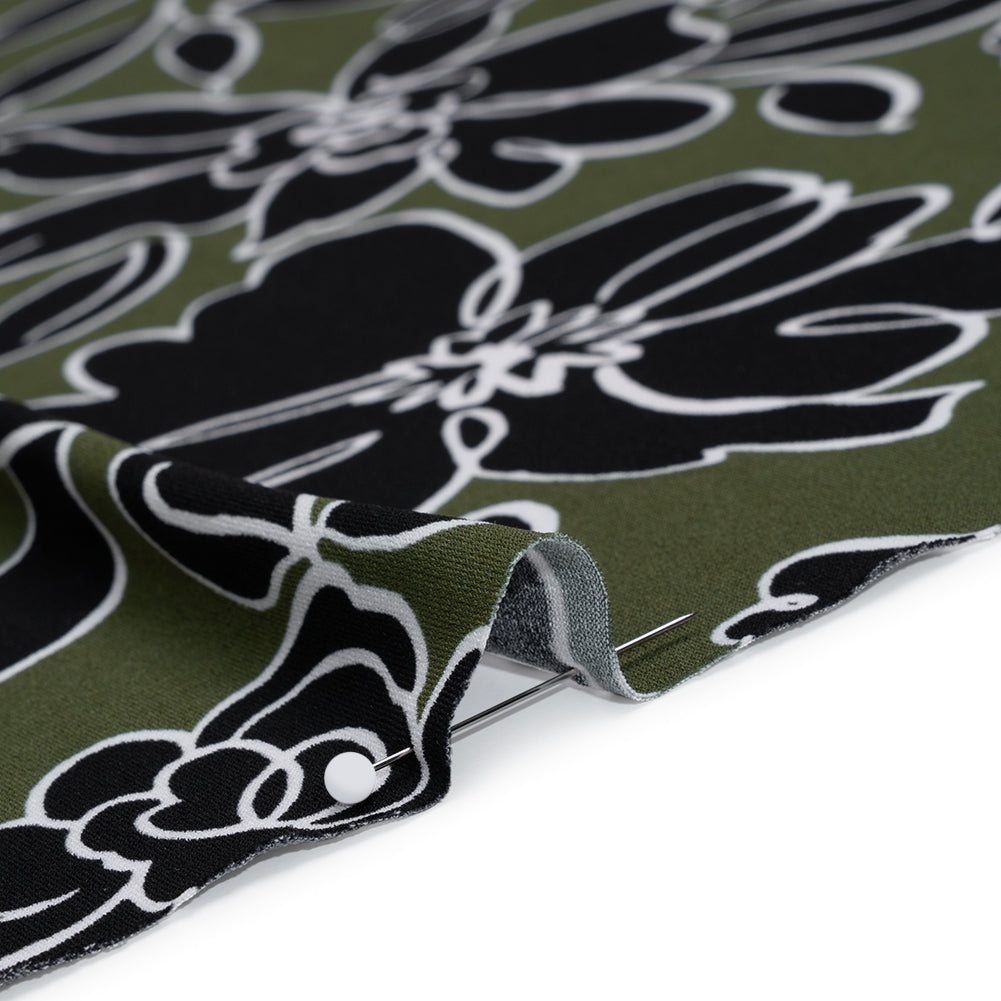 Stretch Polyester Tricot Print - Moss Green and Black Floral Doodles - Designer Deadstock - Detail Stretch Polyester Tricot Print - Moss Green and Black Floral Doodles - Designer Deadstock - Detail