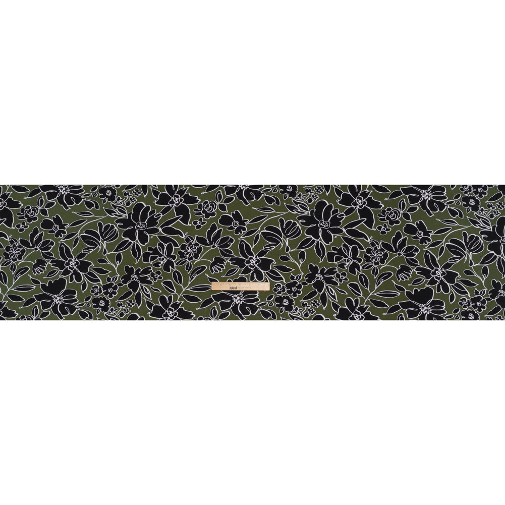 Stretch Polyester Tricot Print - Moss Green and Black Floral Doodles - Designer Deadstock - Full Stretch Polyester Tricot Print - Moss Green and Black Floral Doodles - Designer Deadstock - Full